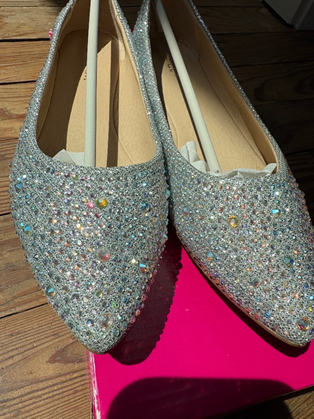 NWT Toetos 6 Almond Toe Silver Iridescent Rhinestone Shimmer Flats